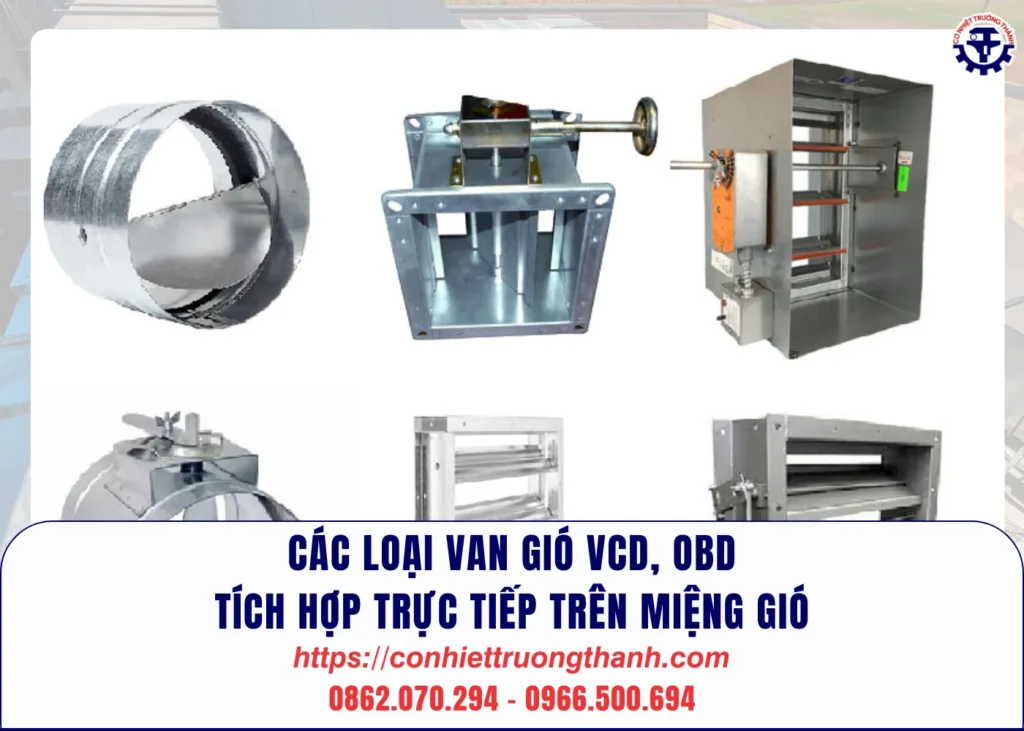 các loại van gió vcd, obd tích hợp trực tiếp trên miệng gió